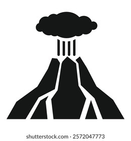 Black and white icon of a volcano erupting with lava flowing down its sides