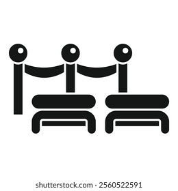 Black and white icon of a waiting line with a rope barrier and stanchions, often seen at events