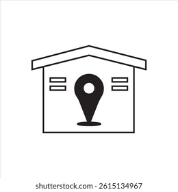 Black and white icon of a warehouse or house with a large location pin in the center, representing a delivery hub, logistics center, or geolocation.