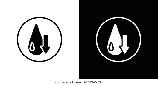 Black and white icon of a water drop with a down arrow, symbolizing decrease or reduction. Isolated on white and black backgrounds.