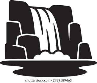 A black and white icon of a waterfall flowing over rocks into a pool of water.