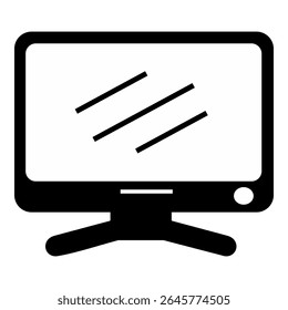 Black and white icon of a widescreen monitor with screen reflection and a rounded base, ideal for tech, display, or computing visuals.