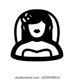 Black and white icon of a woman with long hair and flower, bridal or salon style. 