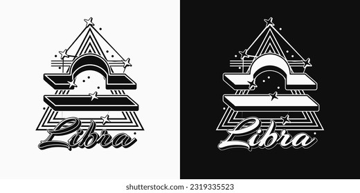 Black and white icon of zodiac sign Libra with constellation with stars, text, triangle as alchemical symbol for air element. Horoscope esoteric elements. Vintage style.