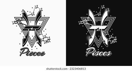 Black and white icon of zodiac sign Pisces with constellation with stars, text, triangle as alchemical symbol for water element. Horoscope esoteric elements. Vintage style.