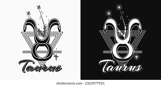 Black and white icon of zodiac sign Taurus with constellation with stars, text, triangle as alchemical symbol for earth element. Horoscope esoteric elements. Vintage style.