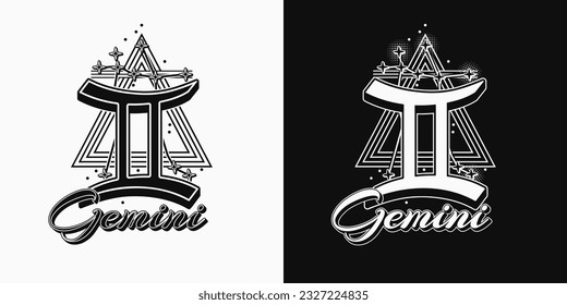 Black and white icon of zodiac sign Gemini with constellation with stars, text, triangle as alchemical symbol for air element. Horoscope esoteric elements. Vintage style.