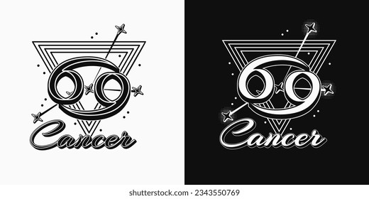 Black and white icon of zodiac sign Cancer with constellation with stars, text, triangle as alchemical symbol for water element. Horoscope esoteric elements. Vintage style.