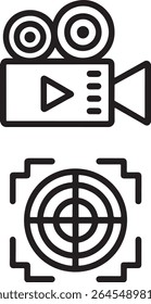 Composição iconográfica em preto e branco que representa uma câmera cinematográfica e um alvo, representando a produção cinematográfica e o foco preciso