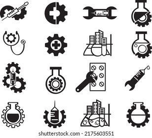 Schwarz-Weiß-Symbole der Biotechnologie, die Medizin und Ingenieurwesen kombinieren