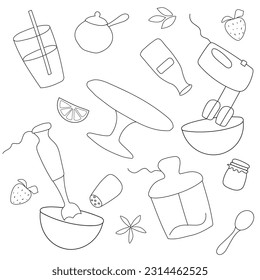 Black and white icons of cooking utensils for coloring book. Vector illustration.