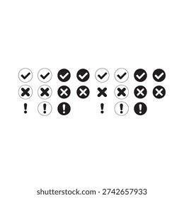 Black and white icons displaying checkmarks x marks and exclamation points