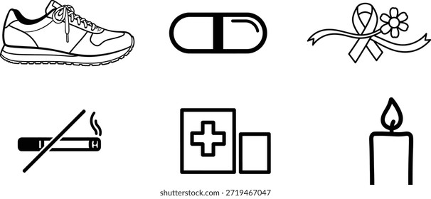 black and white icons of everyday objects and symbols shoe cigarette capsule ribbon candle first aid kit