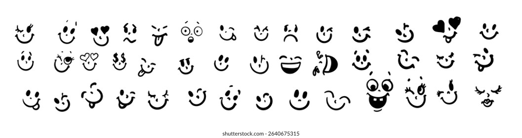 Black and white icons of expressive faces in different styles. Diverse emotions depicted including joy, love, surprise, and laughter. Ideal for communication tools.