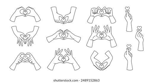 Iconos En Blanco Y Negro Con Diferentes Gestos De Mano Que Crean Formas De Corazón Con Símbolos De Amor. Ilustraciones de esquema