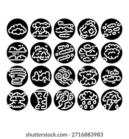Iconos en blanco y negro con diferentes fenómenos de Clima y condiciones atmosféricas, incluyendo nubes, lluvia, truenos, tornados y tormentas, útiles para el pronóstico y el diseño ambiental