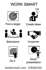 Black and white Icons of how to be successful in your job 