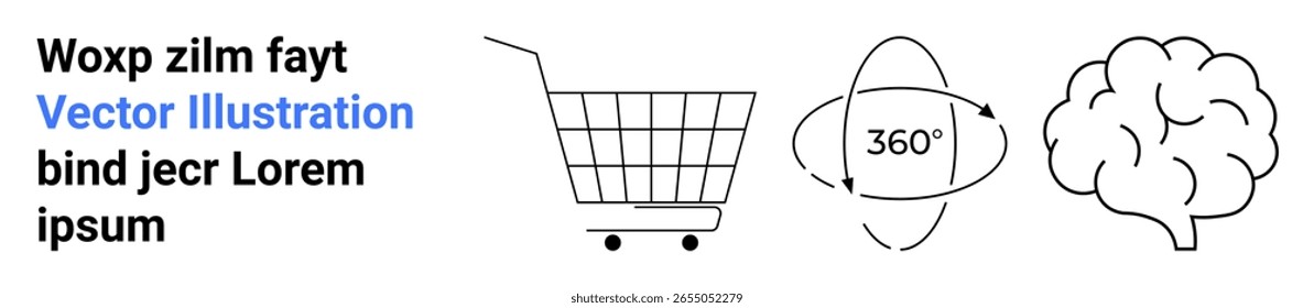 Zu den schwarz-weißen Symbolen gehören ein Warenkorb, ein 360-Grad-Rotationssymbol und ein Gehirn. Text in Blau und Schwarz kontrastiert mit dem minimalen Design. Ideal für E-Commerce, Innovation oder Technologiethemen