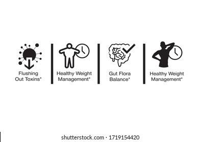 black and white icons with inscriptions: Flushing Out Toxins, Healthy Weight Vfnfgement, Gut Flora Balance
