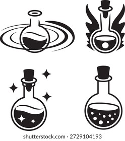 Iconos blancos y negros de botellas de poción mágica