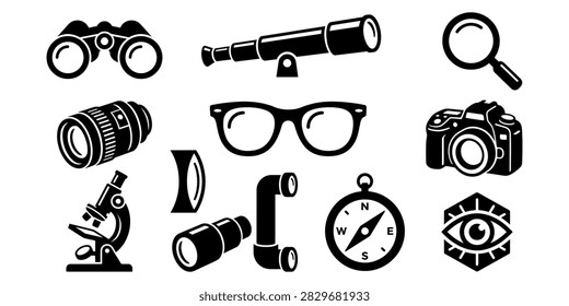 Black and white icons of microscopes cameras binoculars and more