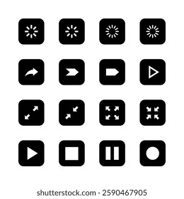 Black and white icons, minimalist design, user
interface elements, loading spinners, arrow
symbols, play buttons, pause symbols, expand
and collapse icons, direction indicators, media
player controls,