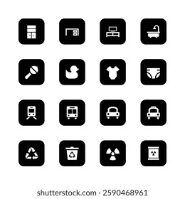 Black and white icons, minimalist design,
household items, furniture, transportation, baby
items, recycling symbols, hazard signs, square
icons with rounded comers, simple pictograms,
clean graphic.