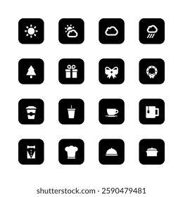 Black and white icons, minimalist design,
weather symbols, seasonal icons, gift box,
ribbon, skul, coffee cups, tea, chef hat, cooking
pot, waiter uniform, simple shapes, rounded
comers, square.