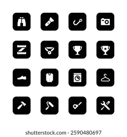 Black and white icons, minimalist design,
square butions, app interface, binoculars,
flashiight, fishing hook, camera, measuring
tape, medal, trophy, award cup, shoe, su,
‘washing machine, clothes