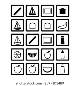 Black and white icons, minimalist design, square frames, everyday objects, simple shapes, flat illustrations, food symbols, stationery items, nautical elements, fruit icons, kitchen utensils