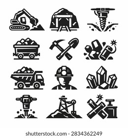 Black and white icons of mining tools and machinery
