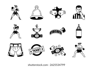 black and white icons of muay thai boxing collection
