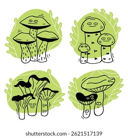 Black and white icons with mushrooms. Funny family of mushrooms in the forest among foliage. Vector decorative elements in doodle style.