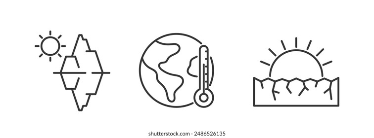 Black And White Icons Of Natural Disasters And Environmental Issues. Climate Change, Global Warming, Awareness Symbols