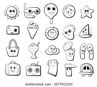 Black and white icons on the theme of beach holidays. Cartoon character. Summer vector illustration.