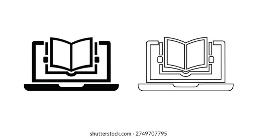 Black and white icons of an open book on a laptop and a tablet