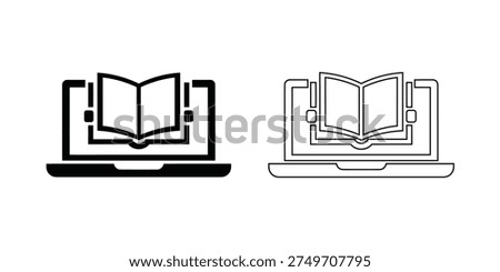 Black and white icons of an open book on a laptop and a tablet
