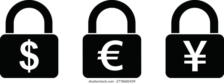 Black and white icons of padlocks with dollar, euro, and yen symbols for secure financial transactions and currency protection
