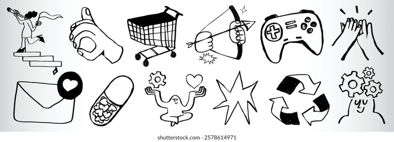 Black and white icons: person on stairs, thumbs up, shopping cart, archery, game controller, clapping hands, envelope, pill, yoga, star, recycling, gears. Hand drawn vector set.