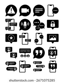 Video Los iconos en blanco y negro representan varios aspectos de la comunicación móvil, incluidos los mensajes, las llamadas, las notificaciones y la seguridad