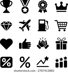 Black and white icons representing achievement awards shopping travel and positive interactions in simple graphic style