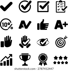 Black and white icons representing approval ratings success achievement and positive feedback symbols