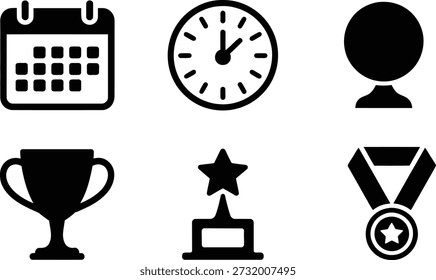 Iconos en blanco y negro que representan calendario, reloj, trofeo, estrella, medalla y premio