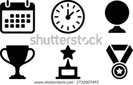 Black and white icons representing calendar, clock, trophy, star, medal, and award