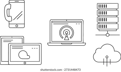 Black and white icons representing cloud computing and data security on devices