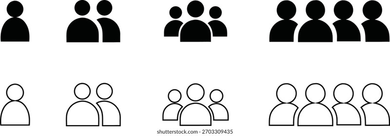 Iconos en blanco y negro que representan a grupos de personas en un número creciente de iconos de personas