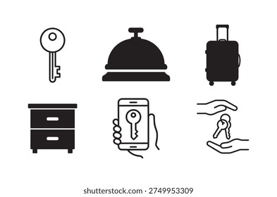 Black and white icons representing hotel services, room features, and travel essentials.