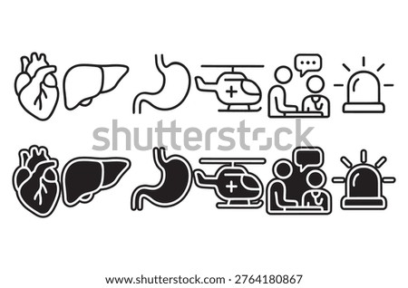 Black and white icons representing human organs, emergency transport, and medical personnel.
