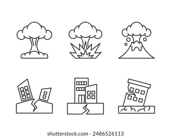 Black And White Icons Representing Natural Disasters As Earthquakes And Volcanic Eruptions, Vector Symbols