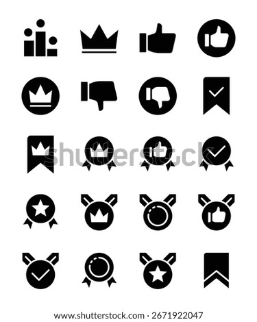 Black and white icons representing ranking, rating, quality evaluation, and customer feedback
